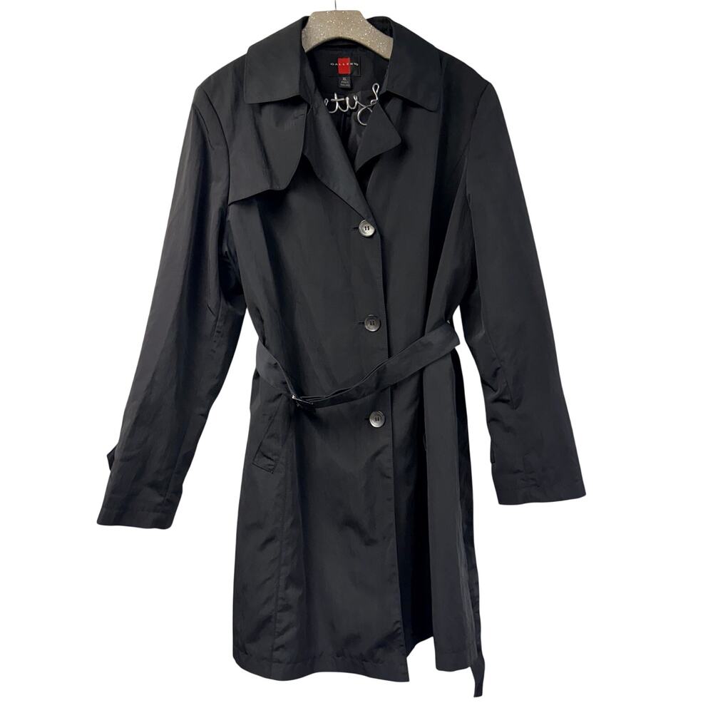 Gallery Black Knee Length Trench Coat XL Slick Rain Buckle Belt Casual